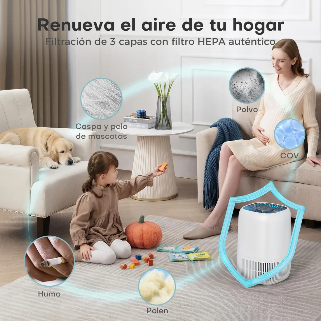 AROEVE Purificador de Aire con Filtro HEPA H13 de 3 Etapas, con un Consumo de Energía de tan solo 5W, Silencioso a 22db con Aroma, Combate el Polen, el Humo y el Pelo de Mascotas foto 3