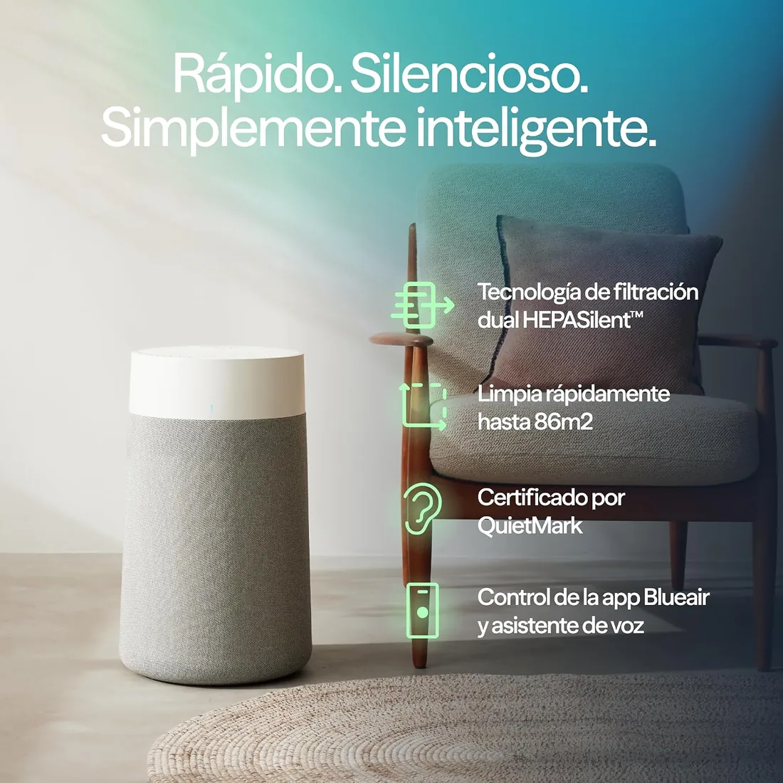 BLUEAIR Purificador de aire para habitaciones de hasta 86 m²: inteligente, silencioso, tecnología HEPASilent, elimina alérgenos, caspa de mascotas, humo, polvo y moho - Blue Pure 3350i Max foto 2