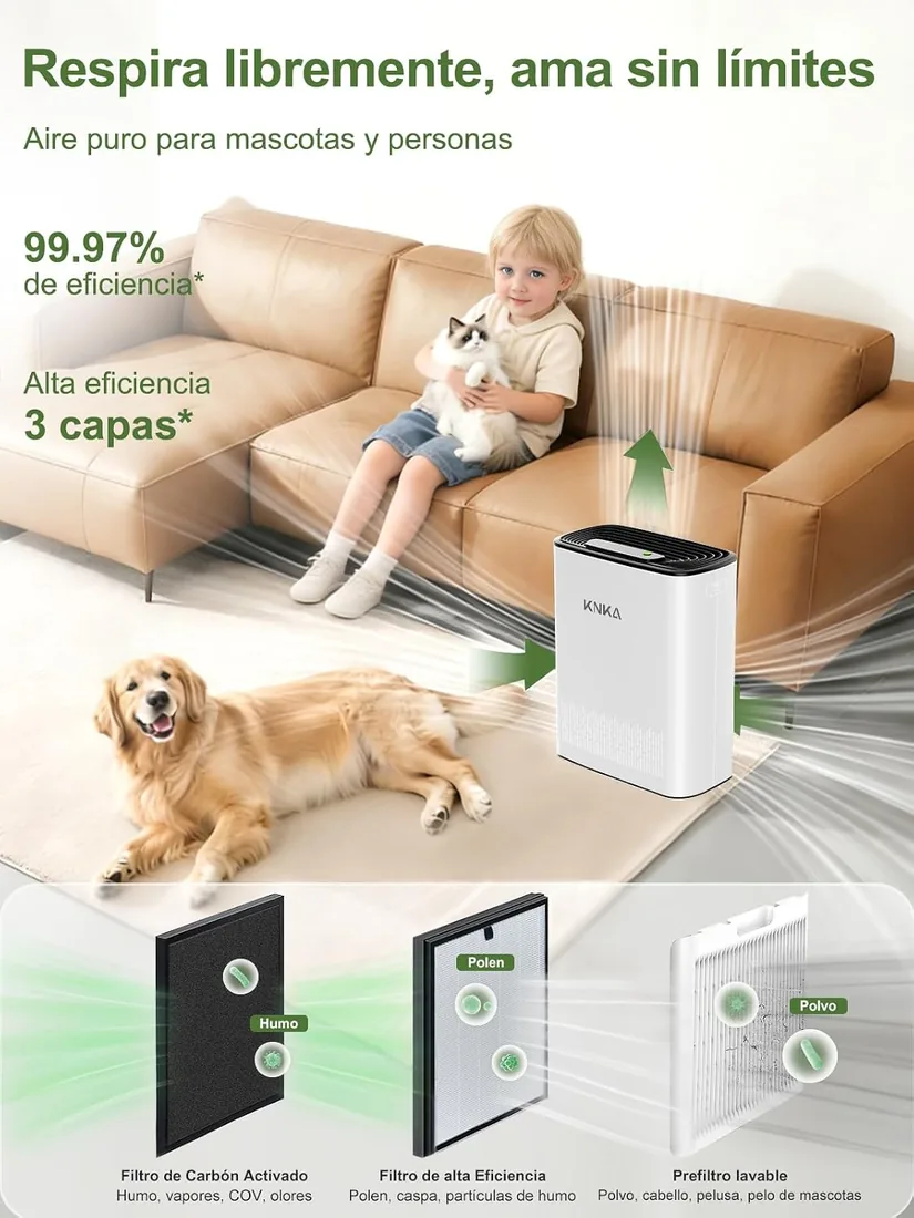 KNKA Purificador de Aire Filtro HEPA sensor inteligente hasta 80 ㎡ Blanco | CADR 300 m³/h Elimina el 99,97 % de polen, olores y polvo, modo sueño, ideal contra el pelo de mascotas APH3000 foto 3