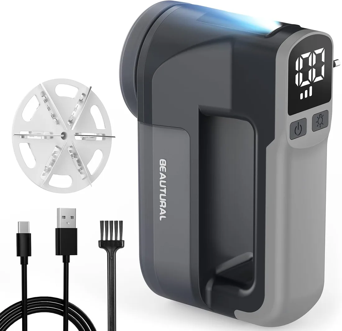 BEAUTURAL Quitapelusas Eléctrico USB-C Recargable con Pantalla LED, Gris | 3 Velocidades, Luz Frontal, Cuchillas de 6 Hojas, Bloqueo de Seguridad, Ideal para Ropa, Muebles y Todo Tipo de Telas foto 2
