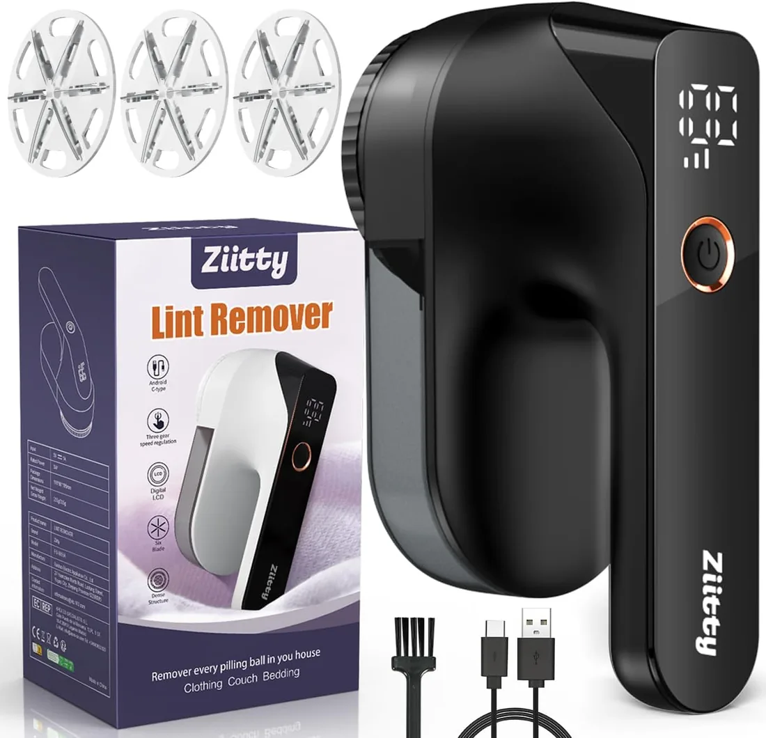 Quitapelusas Electrico Quita Pelusas Ropa - Ziitty Quita Bolas de la Ropa, Pantalla LCD, Carga por Type-C, 6 Hojas, Cuchilla de Quitapelusas Recargable Potente y Eficiente para Ropa y Muebles, Negro