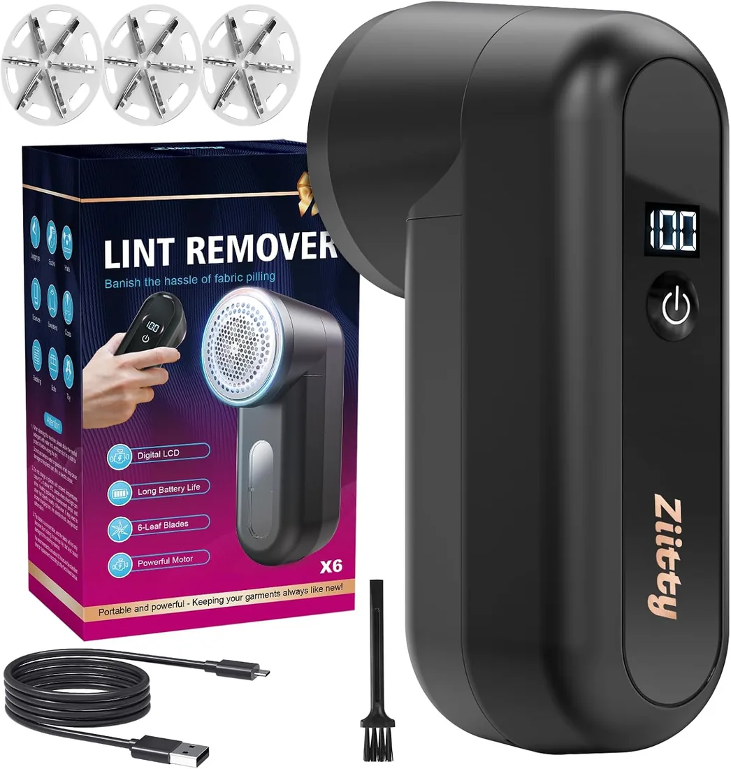 Ziitty Quitapelusas Electrico Quita Pelusas Ropa - Quita Bolas de la Ropa, Pantalla LCD, Carga por Type-C, 6 Hojas, Cuchilla de Quitapelusas Recargable Potente y Eficiente para Ropa y Muebles Negro