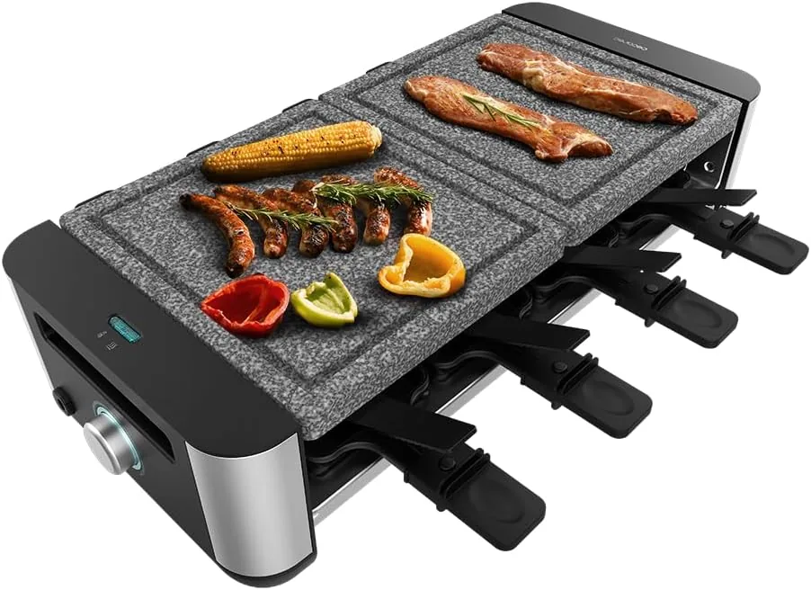 Cecotec Raclette Cheese&Grill 16000 Inox AllStone, 8 pers, Grill de 1400 W, Termostato regulable, Superficie mixta grill-plancha 40 x 22 cm, Placa de piedra natural, Incluye 8 sartenes y 8 espátulas.