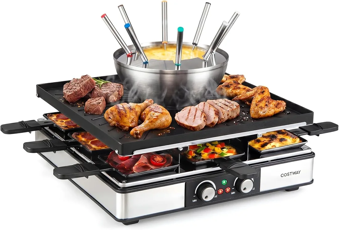 COSTWAY 3 en 1 Raclette, 1800 W, Fondue/Raclette para 8 Personas | Parrilla Eléctrica de Mesa con Capa antiadherente, Control de Temperatura Independiente,6 Tenedores, 8 Bandejas, 8 Espátulas