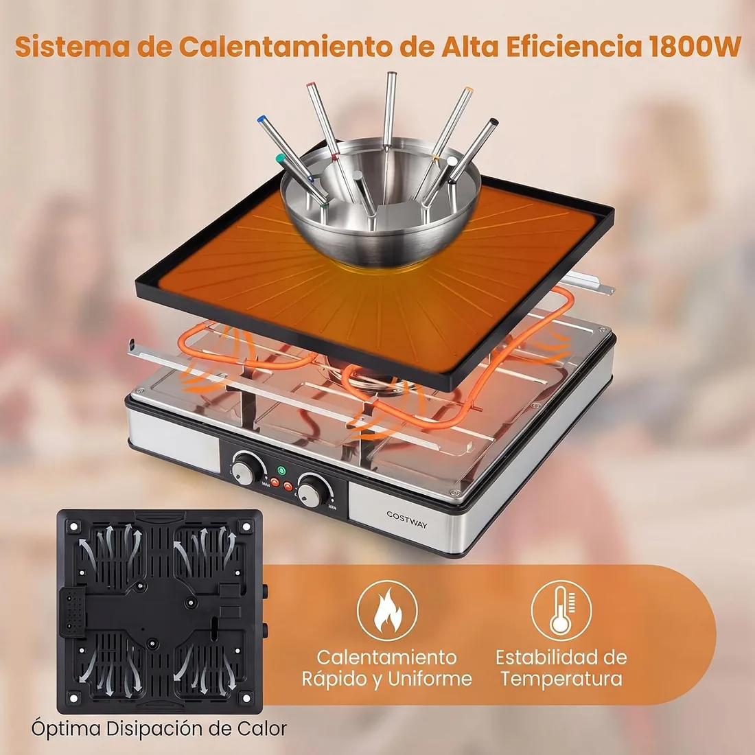 COSTWAY 3 en 1 Raclette, 1800 W, Fondue/Raclette para 8 Personas | Parrilla Eléctrica de Mesa con Capa antiadherente, Control de Temperatura Independiente,6 Tenedores, 8 Bandejas, 8 Espátulas foto 3