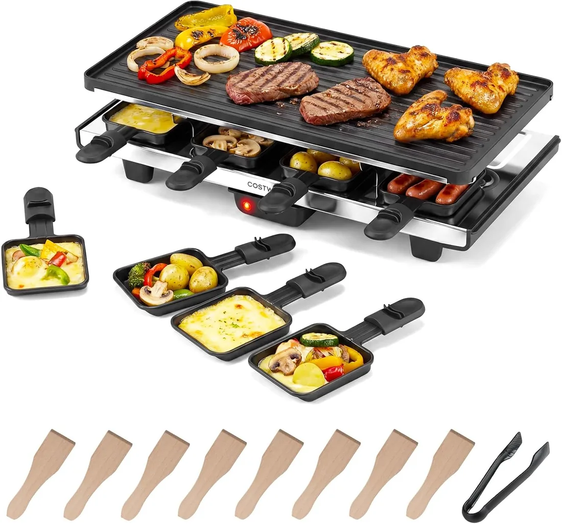 COSTWAY Raclette para 8 Personas, 1400W, Placa Antiadherente Reversible | Raclette Grill con 8 Sartenes y Espátulas, Parrilla Eléctrica con Termostato Regulable sin PFAS, Superficie de 45 x 22 cm