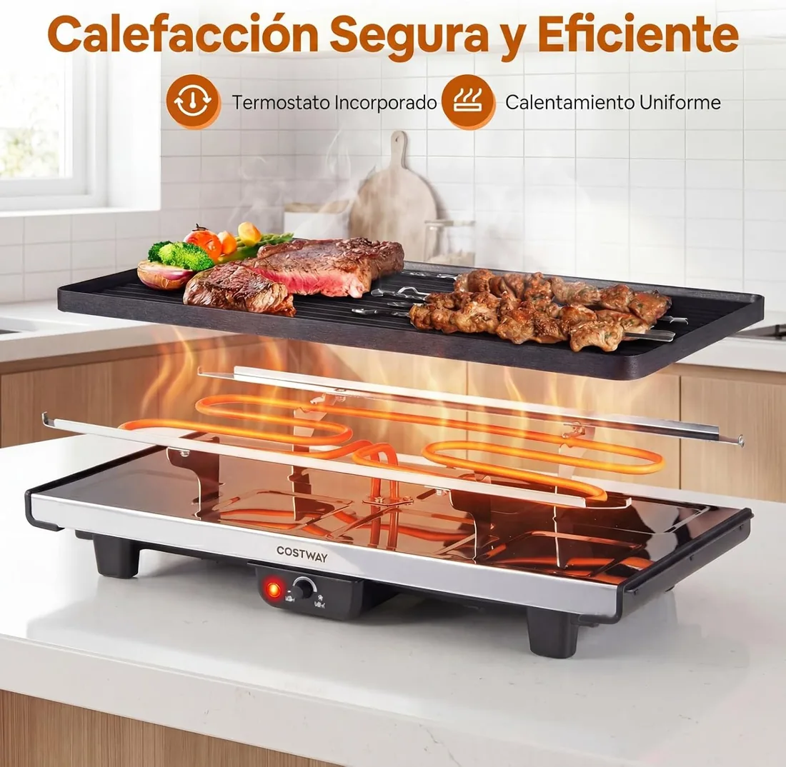 COSTWAY Raclette para 8 Personas, 1400W, Placa Antiadherente Reversible | Raclette Grill con 8 Sartenes y Espátulas, Parrilla Eléctrica con Termostato Regulable sin PFAS, Superficie de 45 x 22 cm foto 2