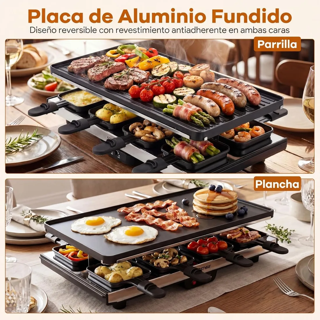 COSTWAY Raclette para 8 Personas, 1400W, Placa Antiadherente Reversible | Raclette Grill con 8 Sartenes y Espátulas, Parrilla Eléctrica con Termostato Regulable sin PFAS, Superficie de 45 x 22 cm foto 3