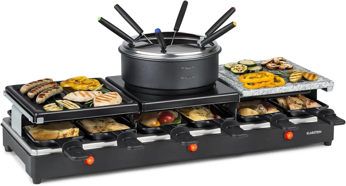 Klarstein Fonduelette XL - Set de Raclette y Fondue 3 en 1, 1650 Vatios, 3 Placas de Parrilla: Metal/Piedra Natural/Crepes, 3 Resistencias Inox Separadas, hasta 12 Personas, Antiadherente, Negro