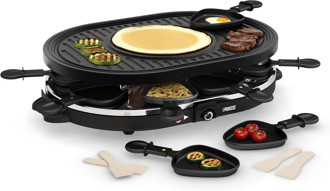 Princess 162700 Oval Grill Party – Raclette y parrilla, con parte diseñada especialmente para creps, 8 personas