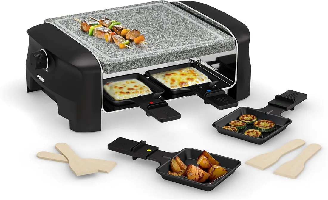 Princess Parrilla raclette para hasta 4 personas – con placa de piedra natural y termostato ajustable, 600 W, incluye sartenes raclette antiadherentes, fácil de limpiar foto 2