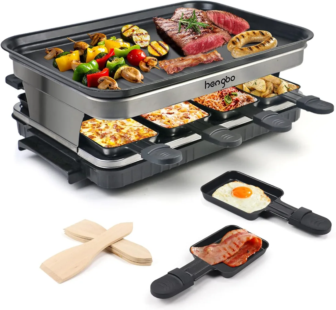 Raclette 8 Personas, Parrilla Electrica Barbacoa, Grill Electrico, 1500W | Con 8 mini-sartenes, plancha grill antiadherente, grill electrico de sobremesa y control de temperatura variable foto 3