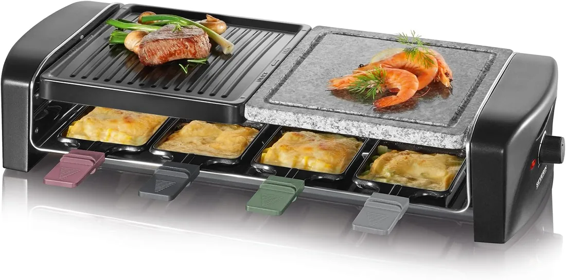 SEVERIN Raclette grill con piedra natural y plancha, grill con parrilla antiadherente y 8 sartenes, parrilla eléctrica para 8 personas, máx. 1400 W, negro, RG 9645 foto 3