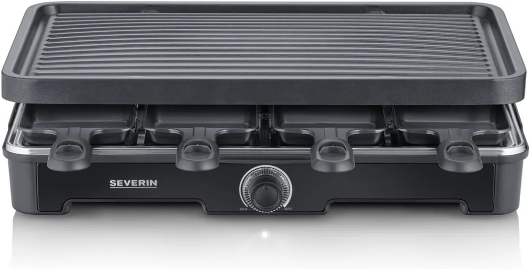 SEVERIN Raclette Grill, Raclette con plancha grande, revestimiento cerámico y antiadherente, 8 sartenes para raclette y 8 espátulas, grill de mesa para hasta 8 personas, 1.400 W negro, RG 9670