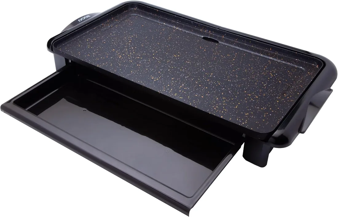 Sogo Plancha Eléctrica de Asar y Raclette con Bandeja Interior de Plástico Reutilizable sin BPA - Grill Parilla de Cocina Placa Lisa (plana) Antiadherente de 46x26cm, libre de PFOA, 2000w (SS-10340)
