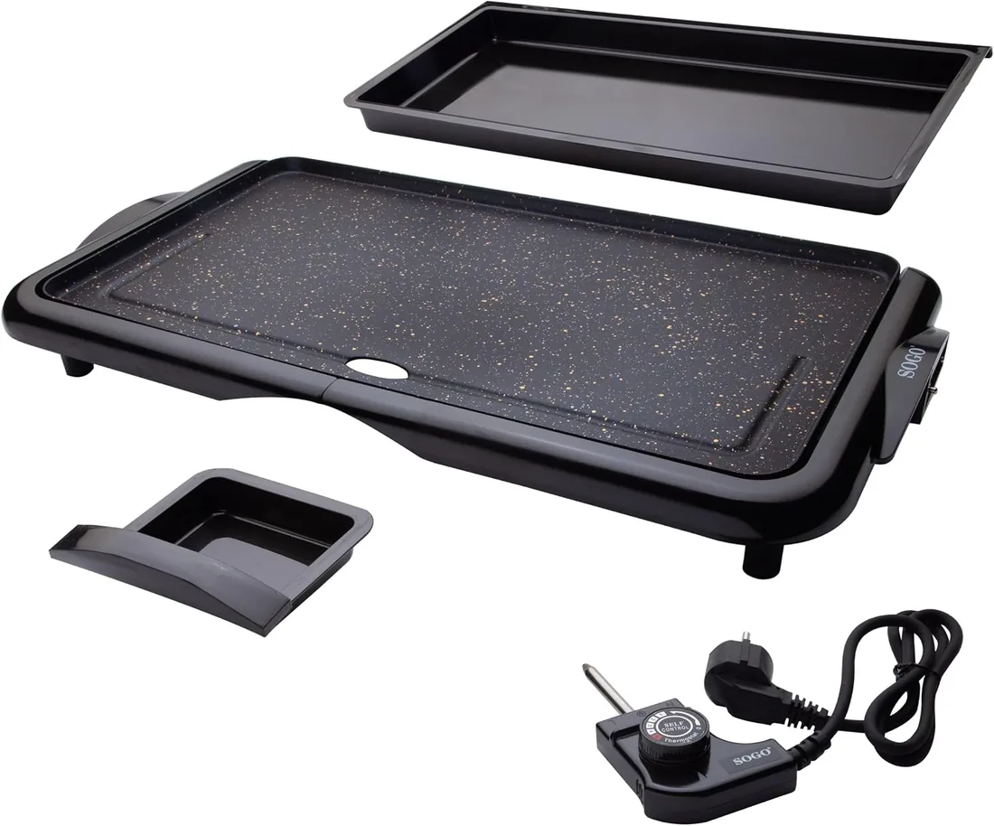Sogo Plancha Eléctrica de Asar y Raclette con Bandeja Interior de Plástico Reutilizable sin BPA - Grill Parilla de Cocina Placa Lisa (plana) Antiadherente de 46x26cm, libre de PFOA, 2000w (SS-10340) foto 2