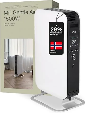 Mill Radiador de Aceite 1500 W, Radiador Eléctrico hasta 22 m², Calefactor Bajo Consumo Silencioso y Seguro, Programa Día y Noche, Radiador de Pie de Diseño Elegante, Diseñado en Noruega