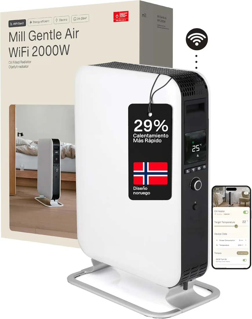 Mill Radiador De Aceite Inteligente WiFi 2000 W Con App, Para 24-28 m², Calefactor Eléctrico De Bajo Consumo, Silencioso Y Seguro, Radiador De Pie Diseñado En Noruega