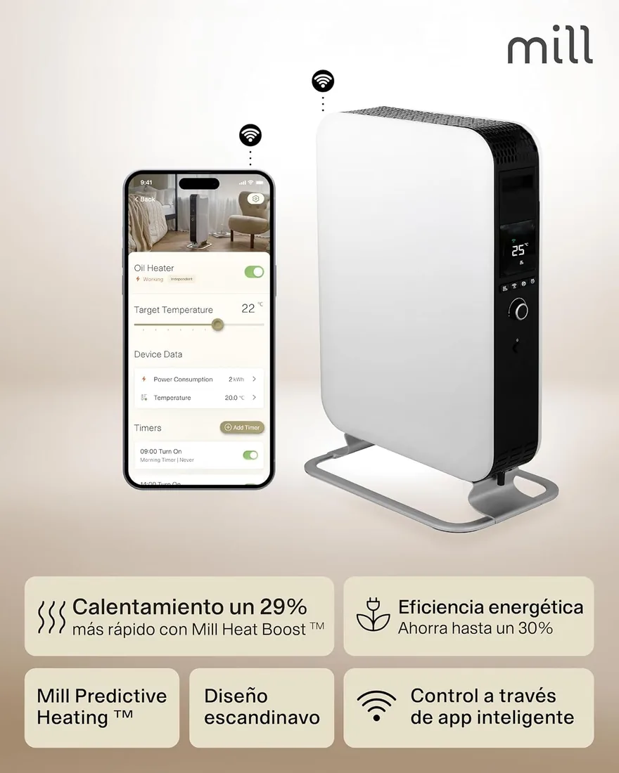 Mill Radiador De Aceite Inteligente WiFi 2000 W Con App, Para 24-28 m², Calefactor Eléctrico De Bajo Consumo, Silencioso Y Seguro, Radiador De Pie Diseñado En Noruega foto 3