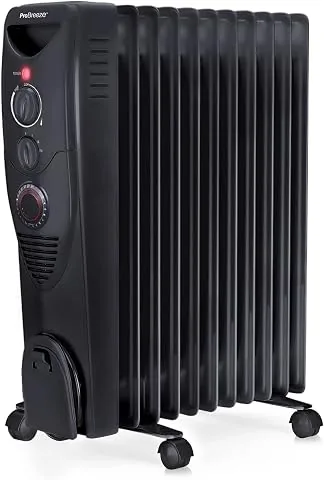 Pro Breeze Radiador de Aceite de 2500 W, 11 Aletas, 3 Niveles de Potencia, Termostato Ajustable, Temporizador, Auto Apagado de Seguridad, Calentador Eléctrico Portátil con Ruedas – Negro