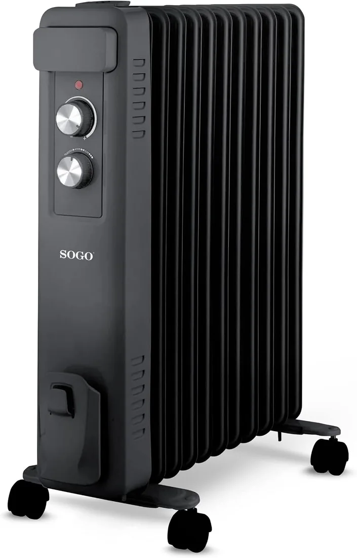 Sogo Radiador Eléctrico Bajo Consumo de Aceite con 11 Elementos - Calefactor Bajo Consumo Silencioso para Habitación - Radiador Eléctrico con Ruedas y Termostato Ajustable - Hasta 2500W de Potencia