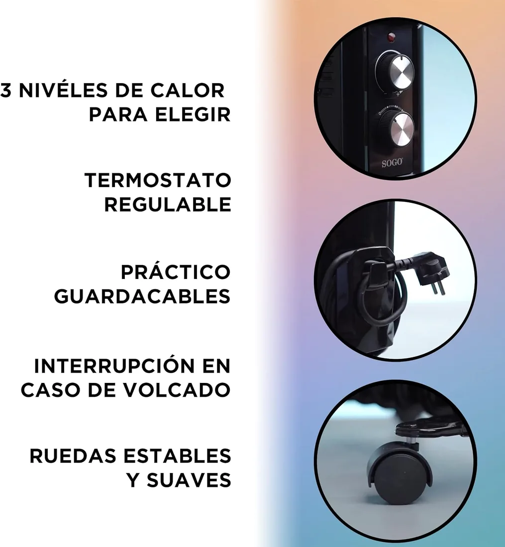 Sogo Radiador Eléctrico Bajo Consumo de Aceite con 11 Elementos - Calefactor Bajo Consumo Silencioso para Habitación - Radiador Eléctrico con Ruedas y Termostato Ajustable - Hasta 2500W de Potencia foto 2