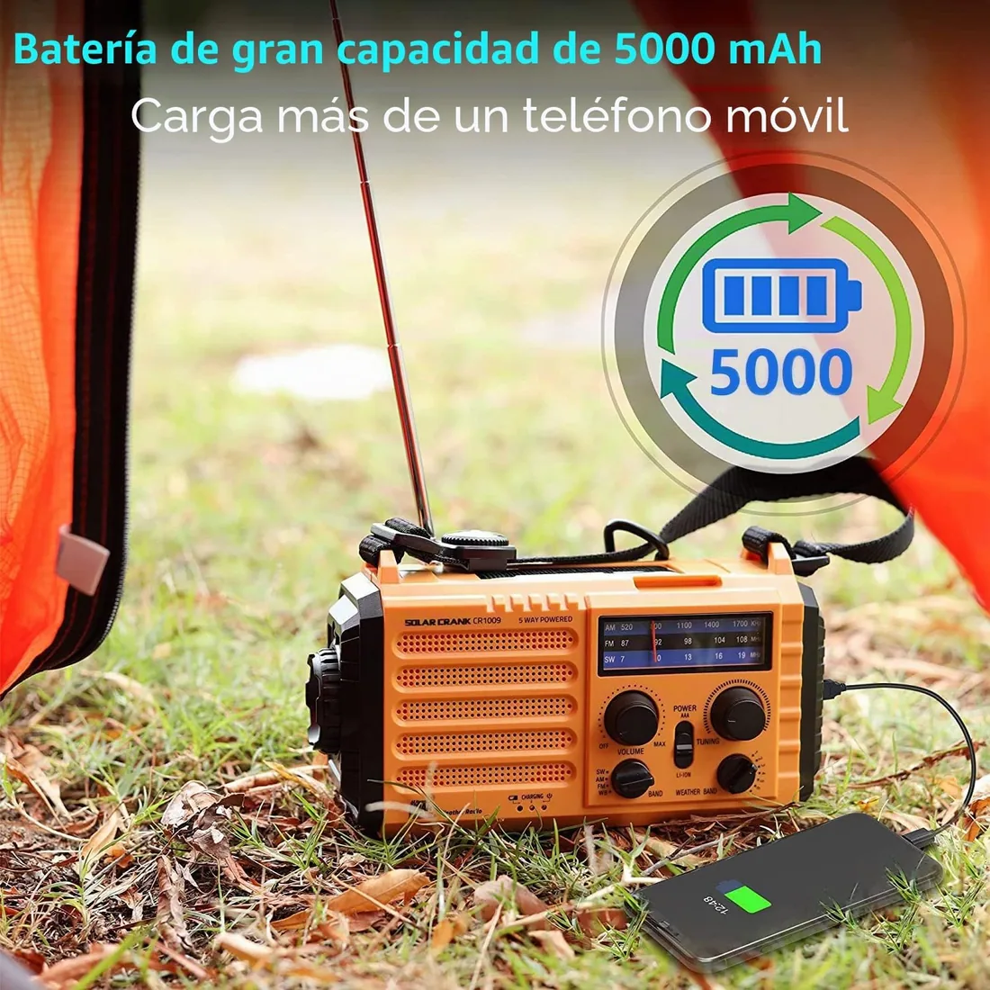5000mAh Radio Solar, Radio de Emergencia Portátil con Manivela, Radio Dynamo Weather Am/FM, Cargador de Teléfono USB, Linterna LED y Luz de Lectura, Alarma SOS, Brújula para Acampar al Aire Libre foto 3