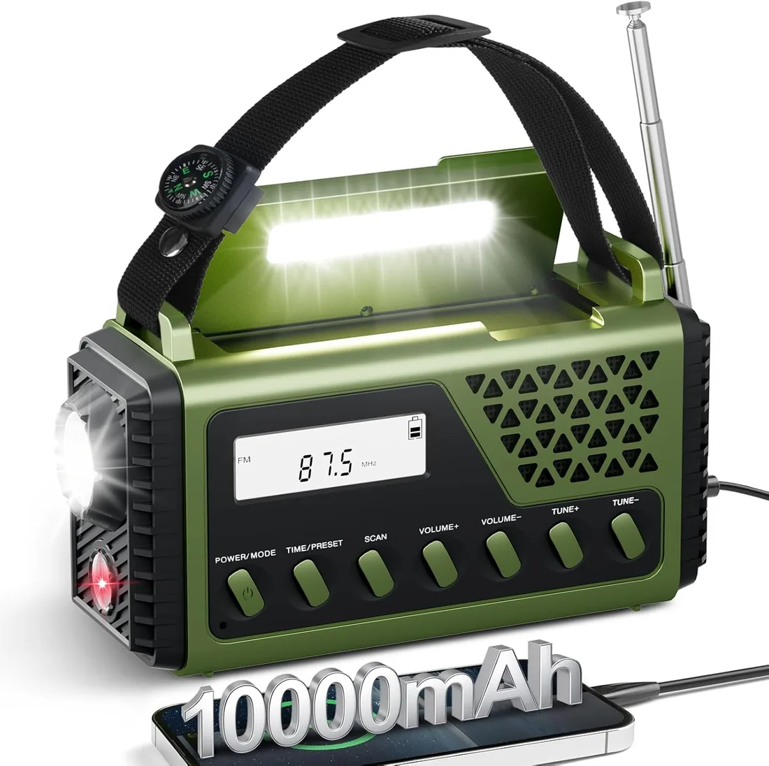 Gemmac 10000mAh Radio a Pilas con Bluetooth, Am/FM/SW Transistor Radio Solar de Emergencia con Manivela Portátil Pequeña Power Bank, Alarma SOS, Brújula, Linterna, Luz de Lectura para Supervivencia