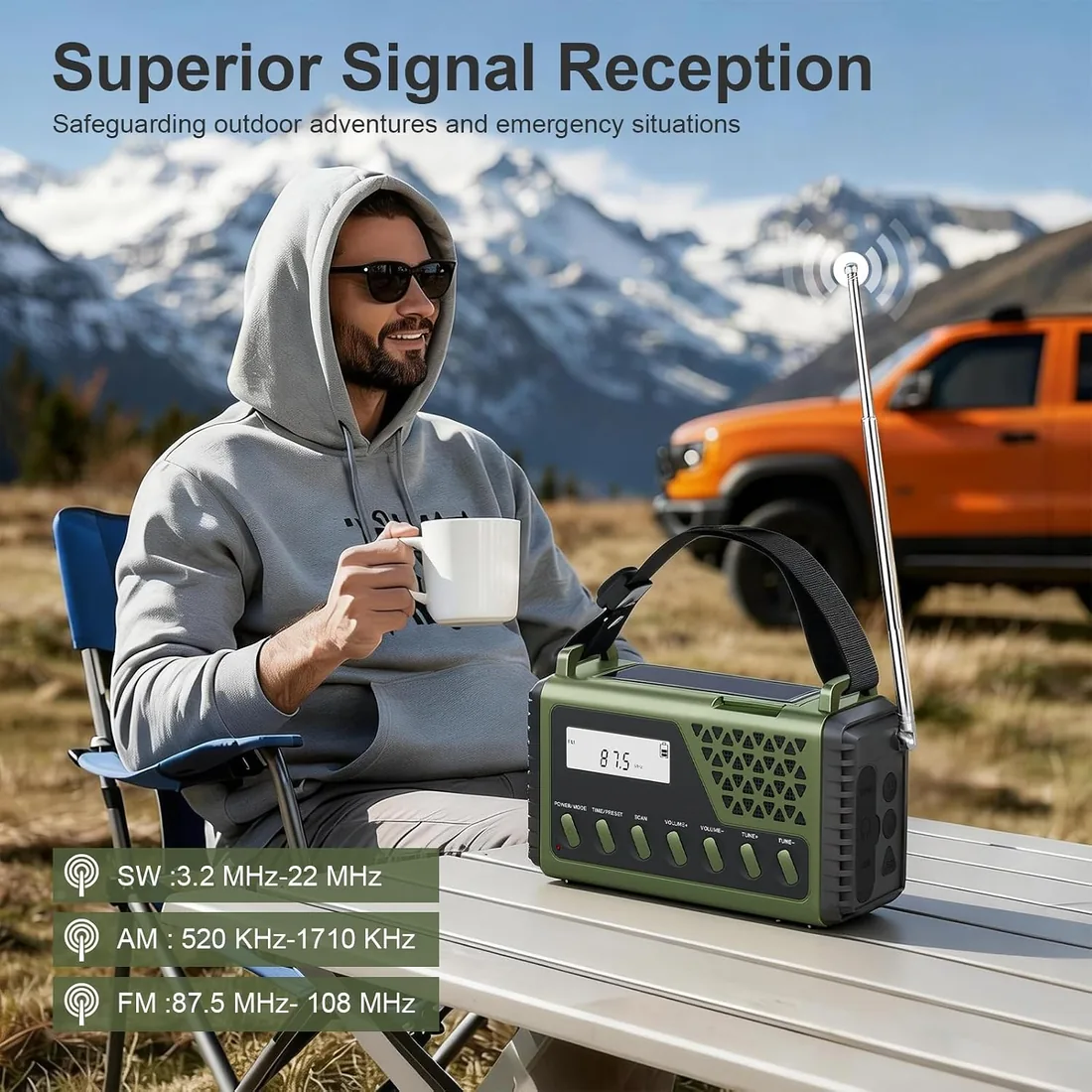 Gemmac 10000mAh Radio a Pilas con Bluetooth, Am/FM/SW Transistor Radio Solar de Emergencia con Manivela Portátil Pequeña Power Bank, Alarma SOS, Brújula, Linterna, Luz de Lectura para Supervivencia foto 3