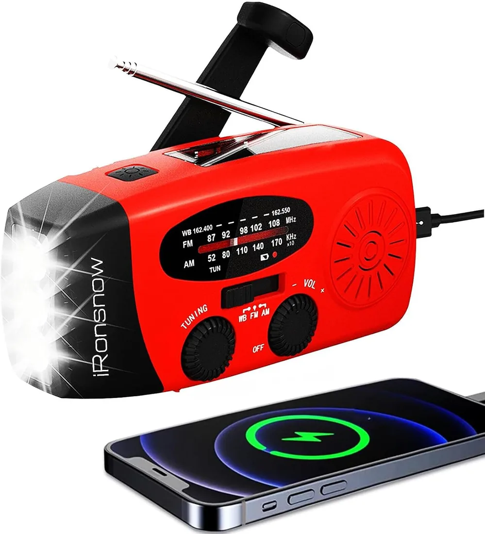 iRonsnow Radio de Emergencia, Radio Solar Portátil FM/Am/WB Manivela de la Mano Radio con 2000mAh Banco de Energía como Power Bank LED Linterna para Actividades Al Aire Libre y Emergencias