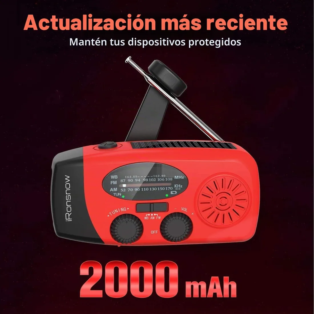 iRonsnow Radio de Emergencia, Radio Solar Portátil FM/Am/WB Manivela de la Mano Radio con 2000mAh Banco de Energía como Power Bank LED Linterna para Actividades Al Aire Libre y Emergencias foto 2