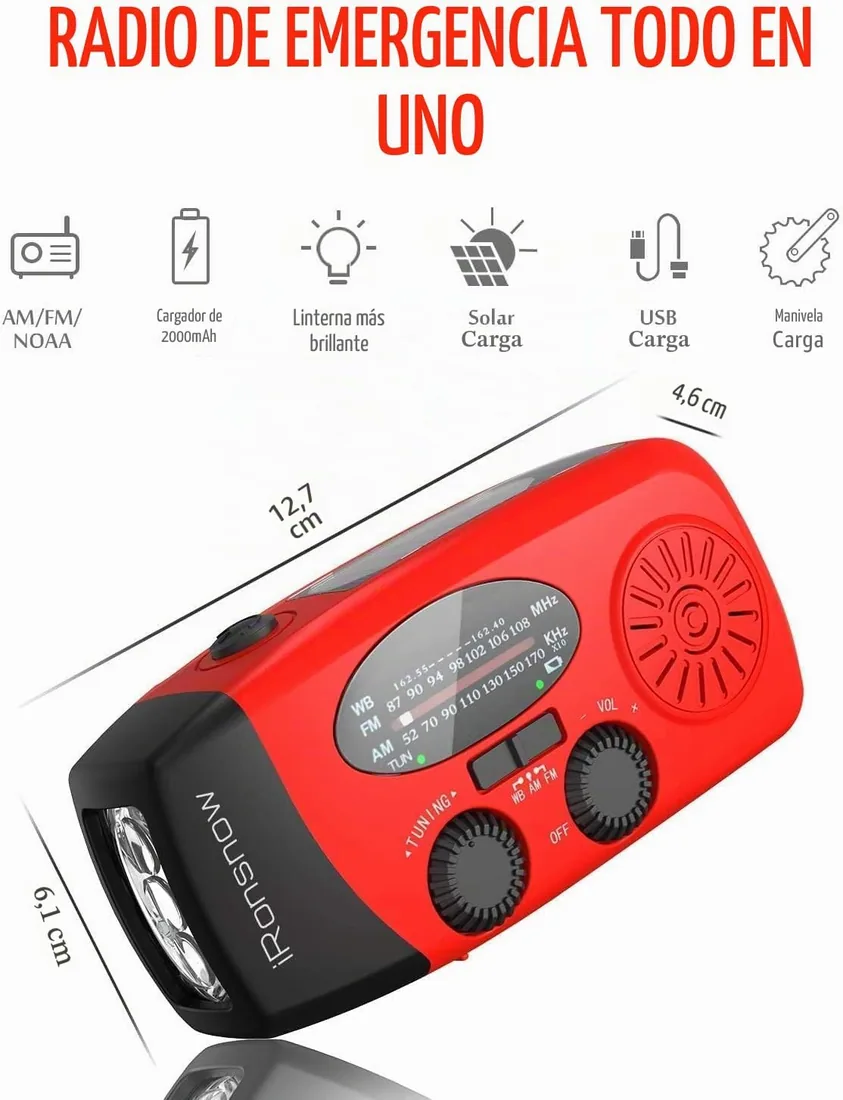 iRonsnow Radio de Emergencia, Radio Solar Portátil FM/Am/WB Manivela de la Mano Radio con 2000mAh Banco de Energía como Power Bank LED Linterna para Actividades Al Aire Libre y Emergencias foto 3