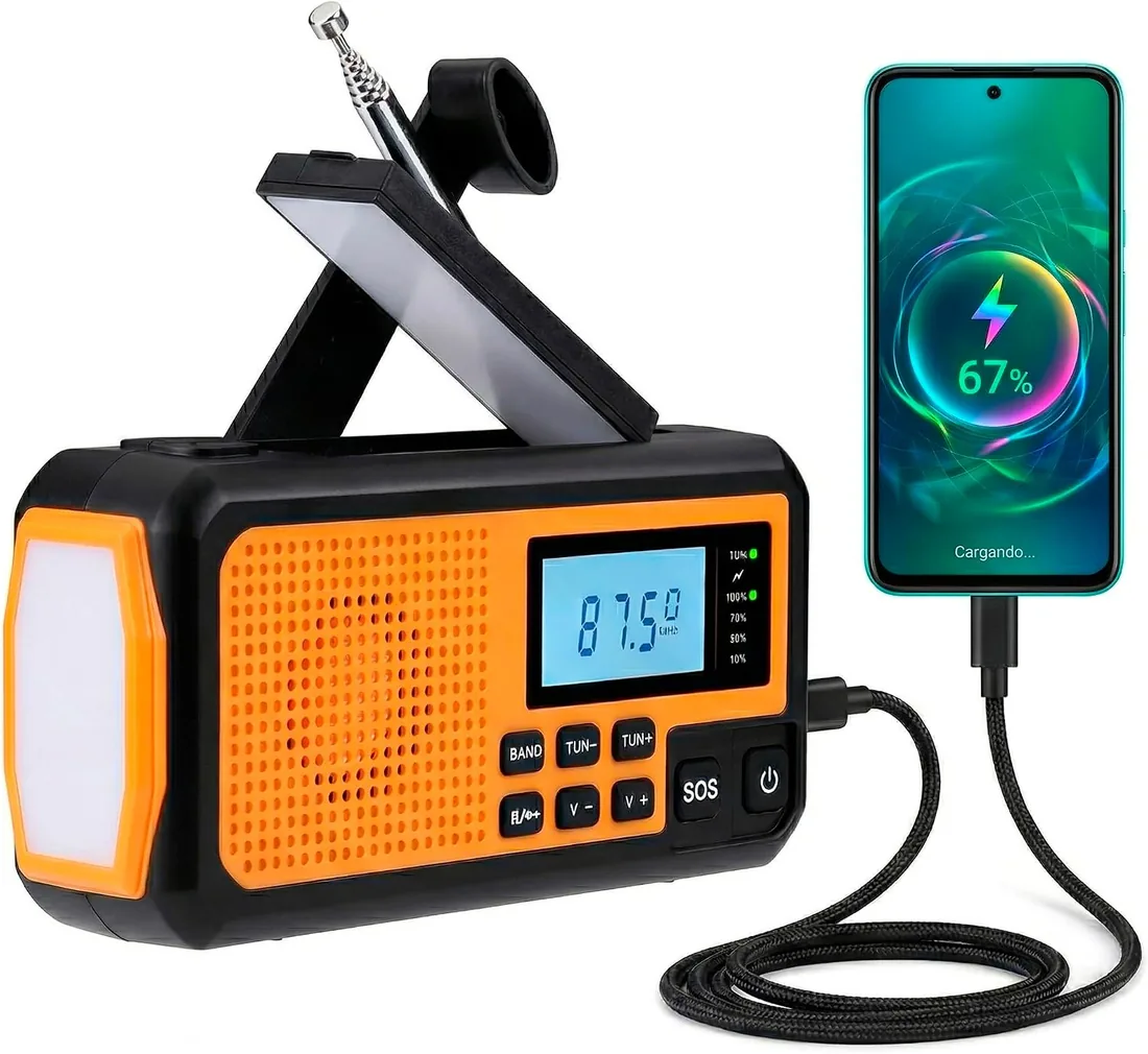 NK Radio Solar de Emergencia – Power Bank 4000mAh, FM/Am/SW, Linterna LED, Pantalla LCD, Alarma SOS, Manivela y Carga USB/AAA, Ideal Camping y Senderismo