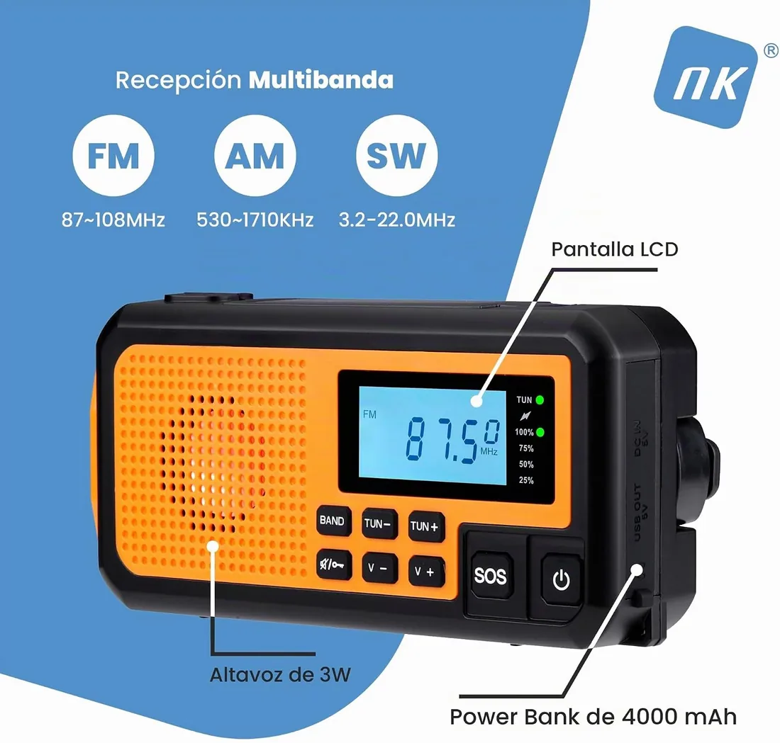 NK Radio Solar de Emergencia – Power Bank 4000mAh, FM/Am/SW, Linterna LED, Pantalla LCD, Alarma SOS, Manivela y Carga USB/AAA, Ideal Camping y Senderismo foto 2