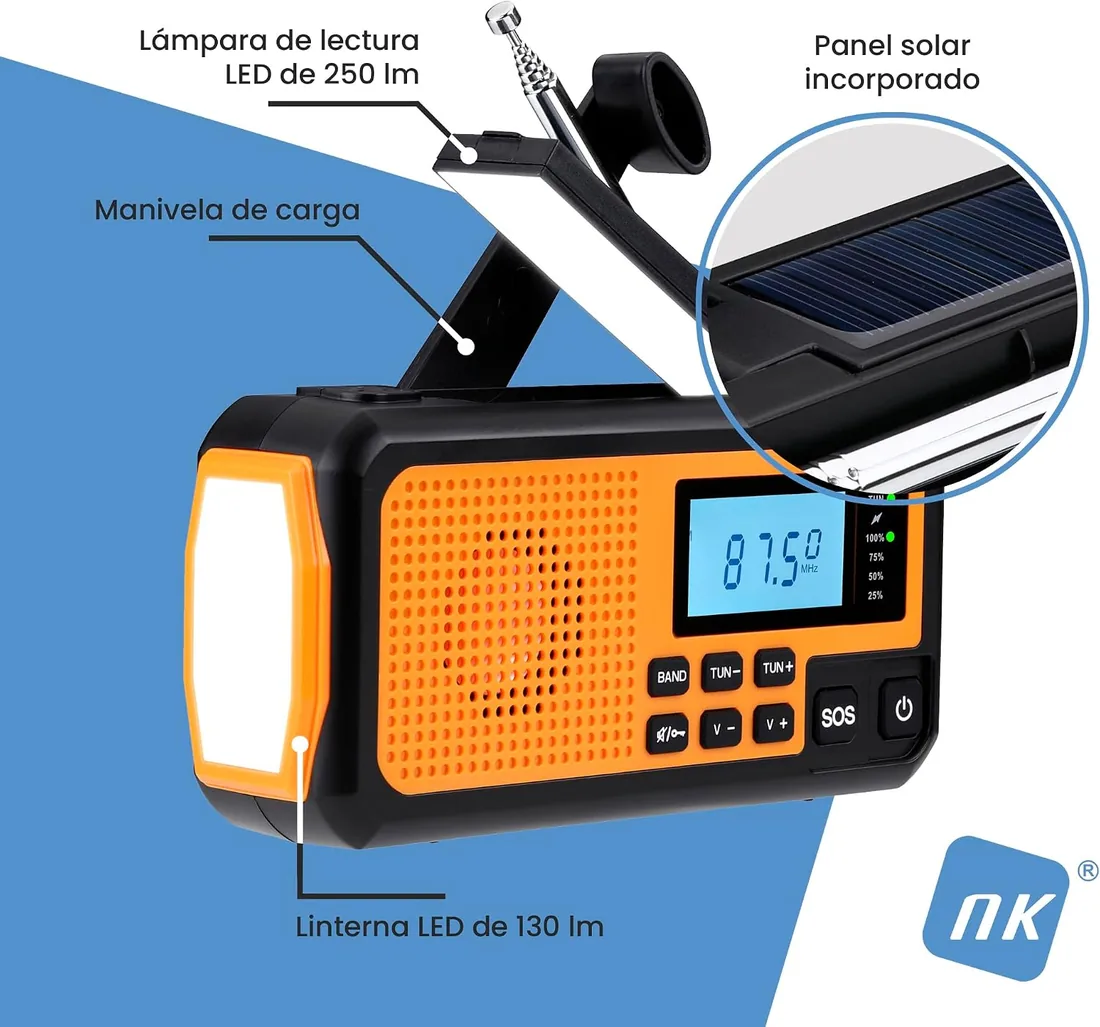 NK Radio Solar de Emergencia – Power Bank 4000mAh, FM/Am/SW, Linterna LED, Pantalla LCD, Alarma SOS, Manivela y Carga USB/AAA, Ideal Camping y Senderismo foto 3