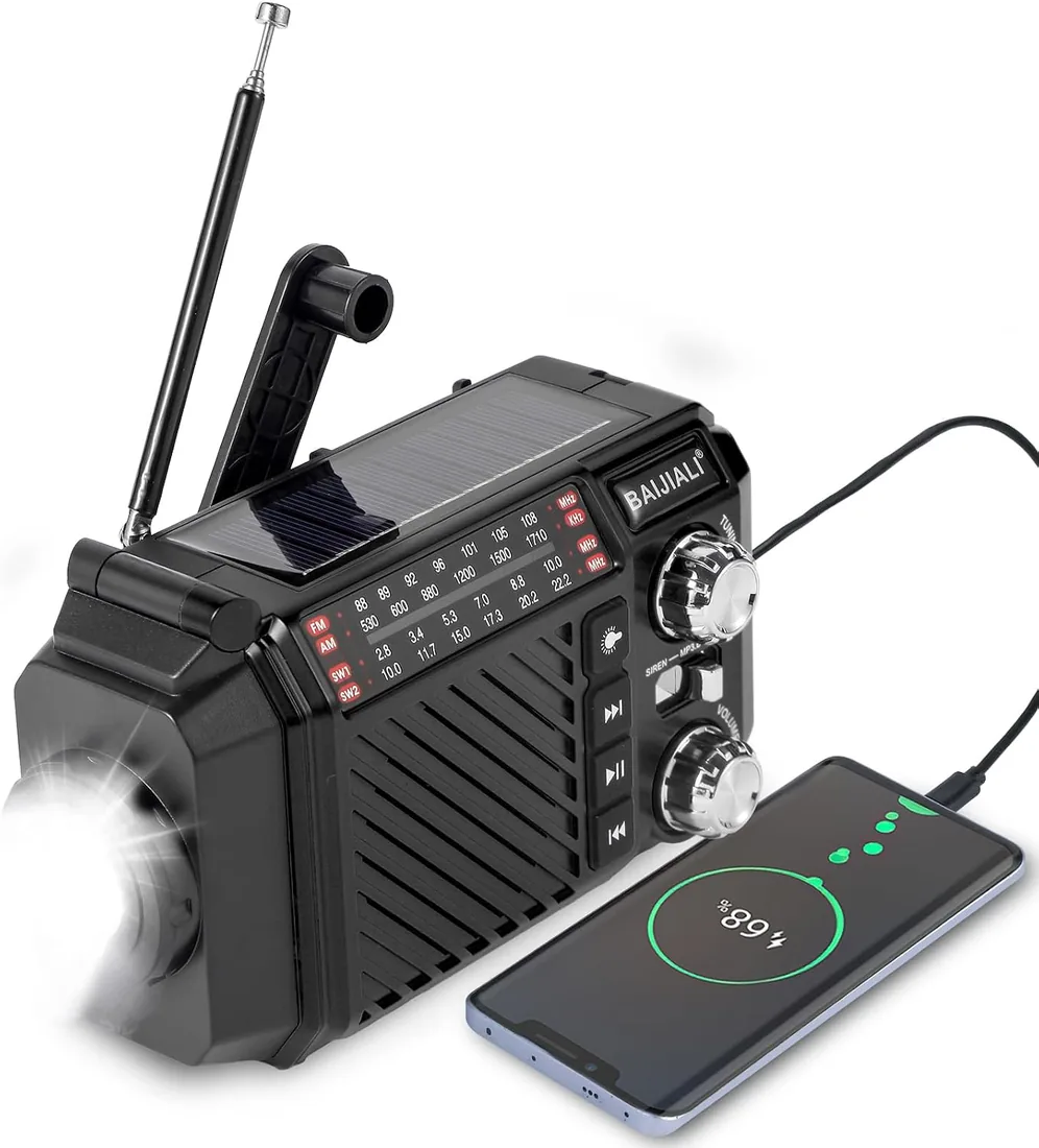 Radio de Emergencia con Manivela y Solar, Radio Portátil Pequeña Am/FM/SW, Linterna LED, SOS, Power Bank 2600mAh Recargable para Supervivencia y Camping - Negro