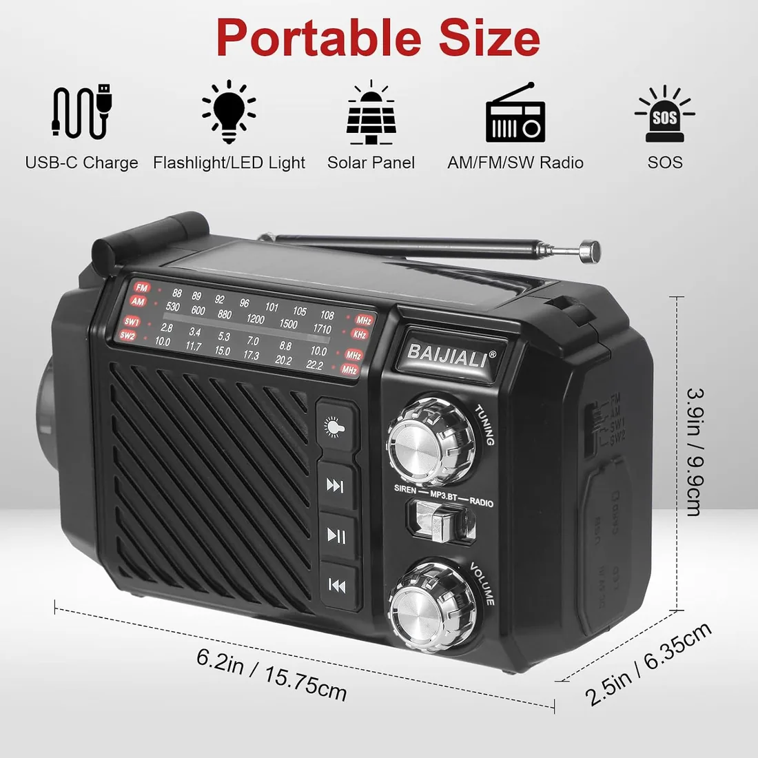 Radio de Emergencia con Manivela y Solar, Radio Portátil Pequeña Am/FM/SW, Linterna LED, SOS, Power Bank 2600mAh Recargable para Supervivencia y Camping - Negro foto 2