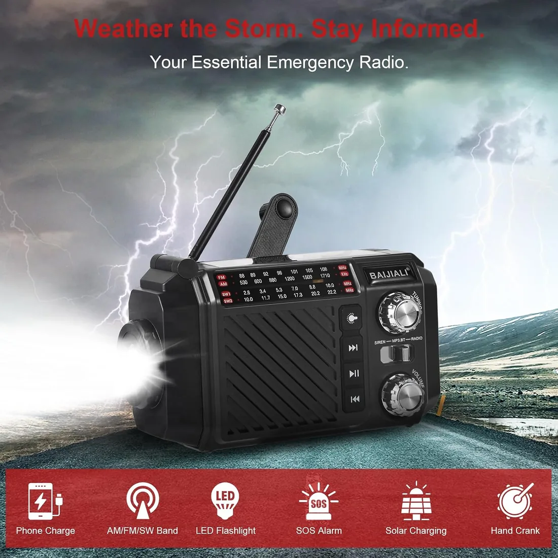 Radio de Emergencia con Manivela y Solar, Radio Portátil Pequeña Am/FM/SW, Linterna LED, SOS, Power Bank 2600mAh Recargable para Supervivencia y Camping - Negro foto 3