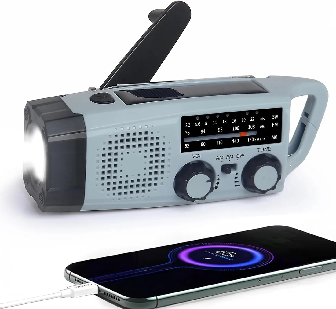 Radio de Emergencia Portátil, FM/Am Emergency Radio con Solar Recargable y Dinamo con Manivela con Linterna LED 2000mAh Powerbank SOS Alarma USB para Camping al Aire Libre