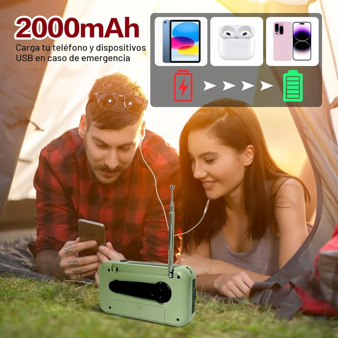 Radio de Emergencia Portátil, FM/Am Emergency Radio con Solar Recargable Radios de Dinamo con Manivela con Linterna LED y Luz de Lectura 2000mAh Powerbank SOS Alarma USB de Camping al Aire Libre foto 2