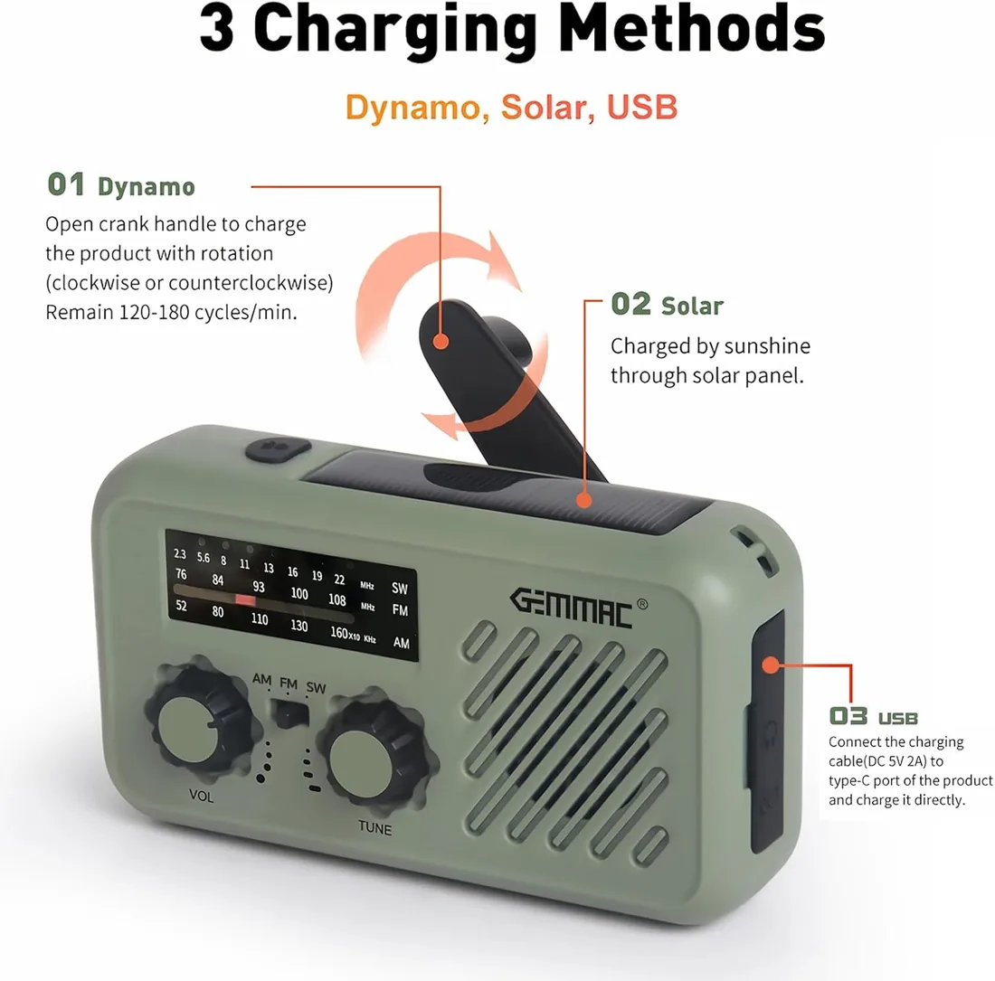 Radio de Emergencia Portátil, FM/Am Emergency Radio con Solar Recargable Radios de Dinamo con Manivela con Linterna LED y Luz de Lectura 2000mAh Powerbank SOS Alarma USB de Camping al Aire Libre foto 3