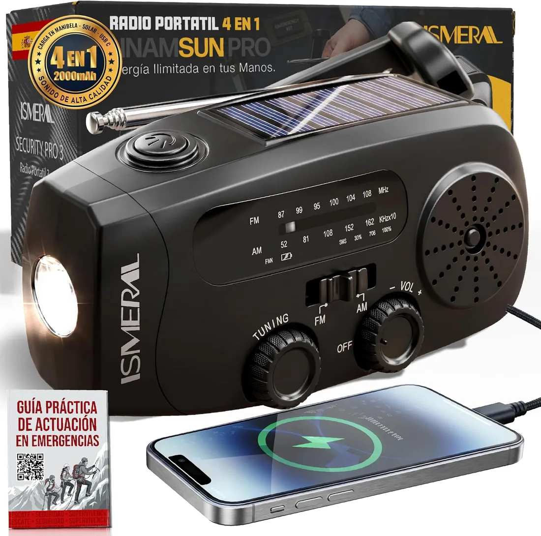 Radio Portatil 2000 mAh Radio FM/Am Linterna LED+ Sos +Manual Supervivencia