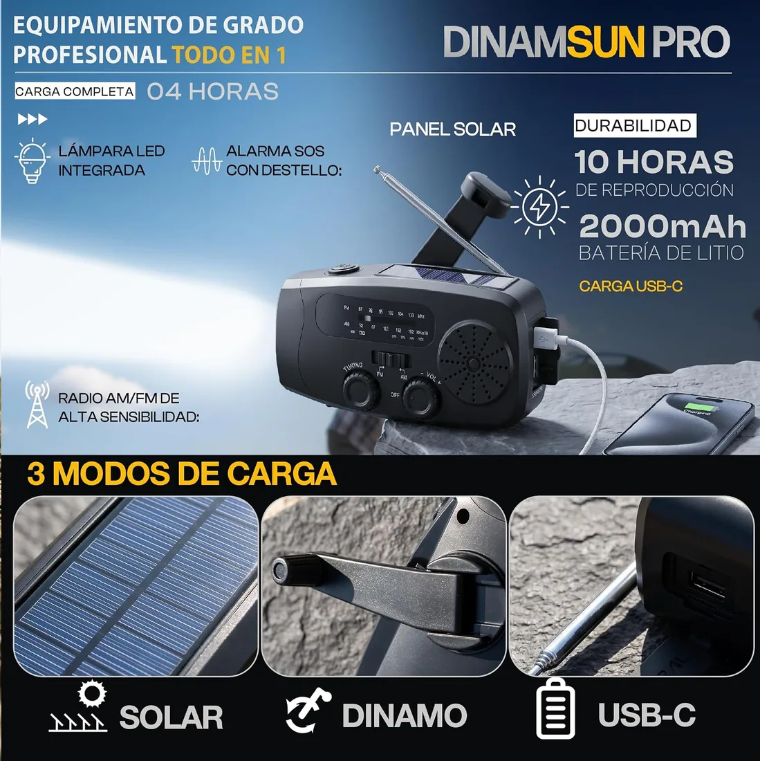 Radio Portatil 2000 mAh Radio FM/Am Linterna LED+ Sos +Manual Supervivencia foto 2