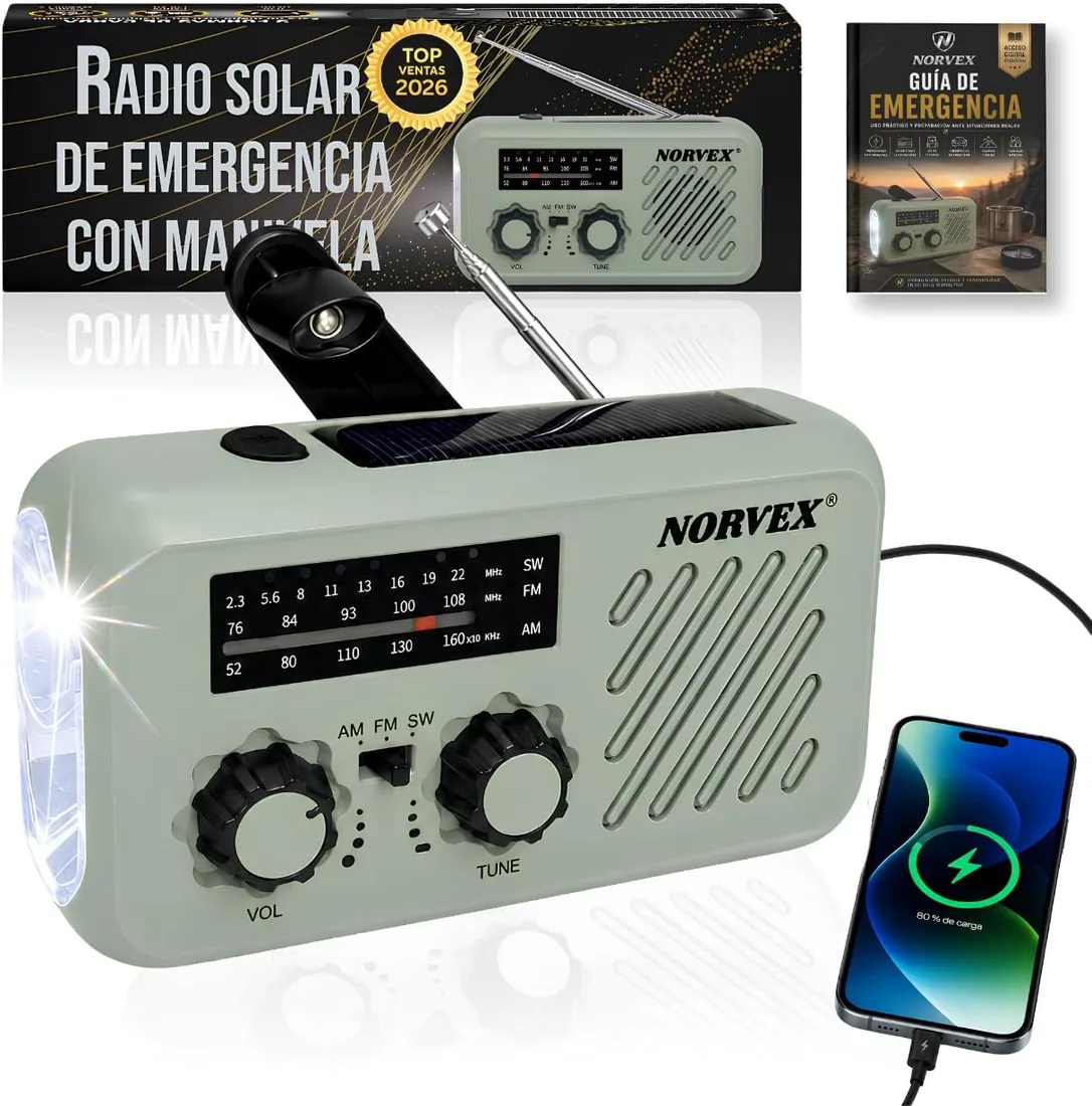 Radio Portatil Pequeña - Radio Solar de Emergencia con Manivela - Radio FM/Am/SW - Power Bank Solar 2000mAh - Linterna LED 4 Modos - USB-C/Solar/Dinamo