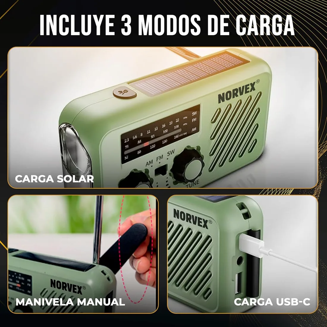 Radio Portatil Pequeña - Radio Solar de Emergencia con Manivela - Radio FM/Am/SW - Power Bank Solar 2000mAh - Linterna LED 4 Modos - USB-C/Solar/Dinamo foto 3
