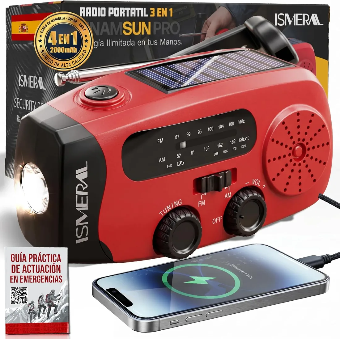 Radio Solar de Emergencia con Manivela 2000 mAh, Am/FM Linterna LED, SOS