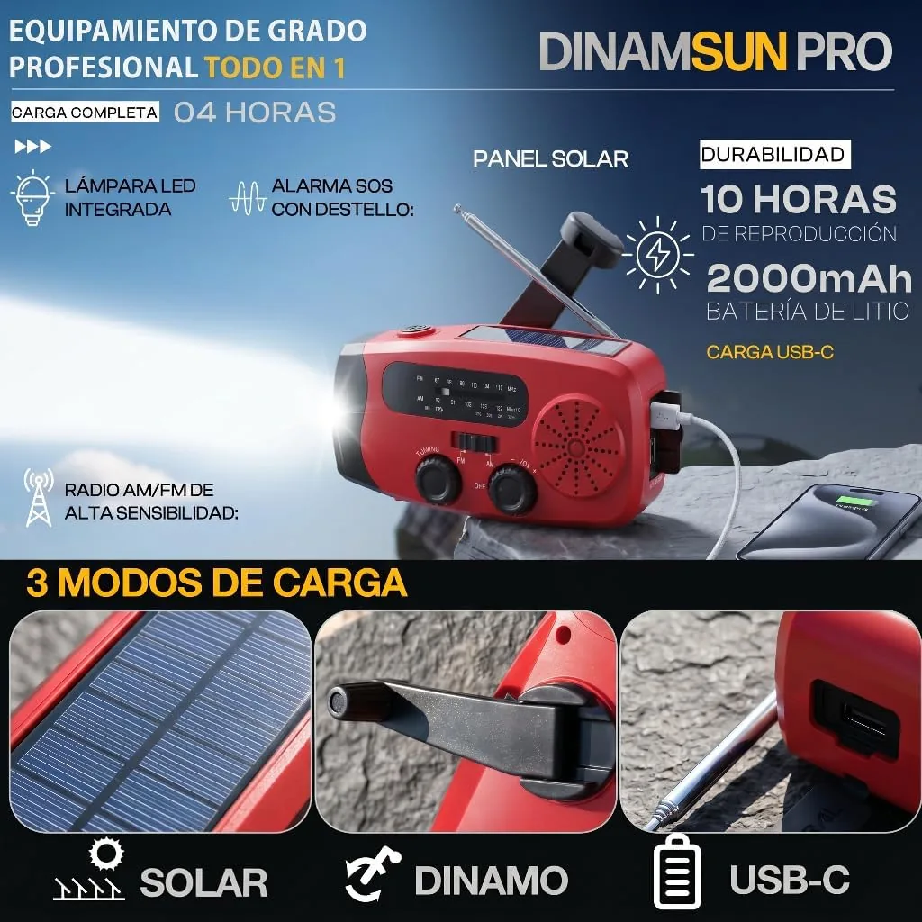 Radio Solar de Emergencia con Manivela 2000 mAh, Am/FM Linterna LED, SOS foto 2