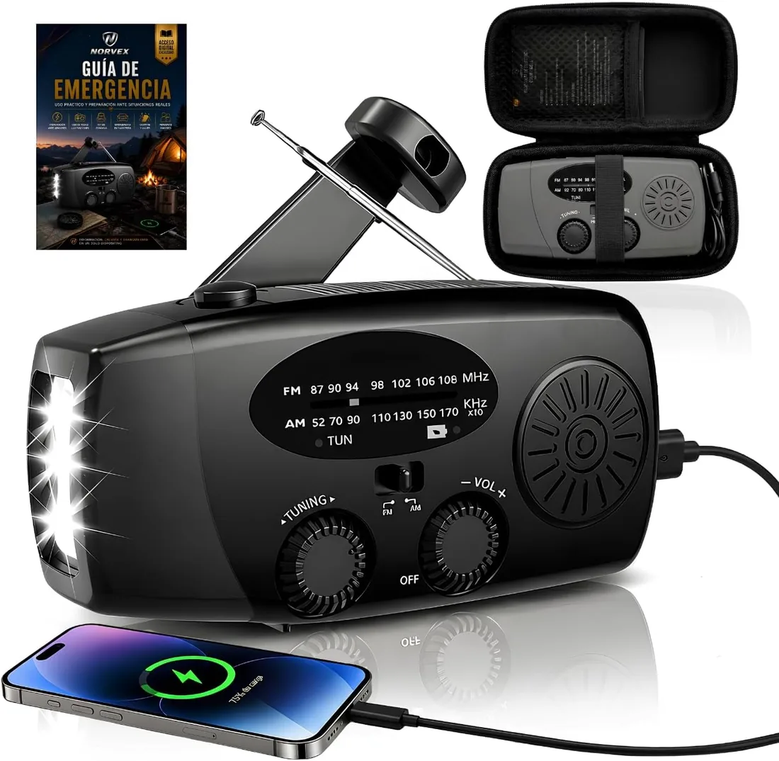 Radio Solar de Emergencia con Manivela - Radio FM/AM Portátil - Linterna LED SOS - Power Bank 2000mAh - Carga USB-C/Solar/Manual - Kit Supervivencia para Senderismo, Camping, Viajes y Apagones
