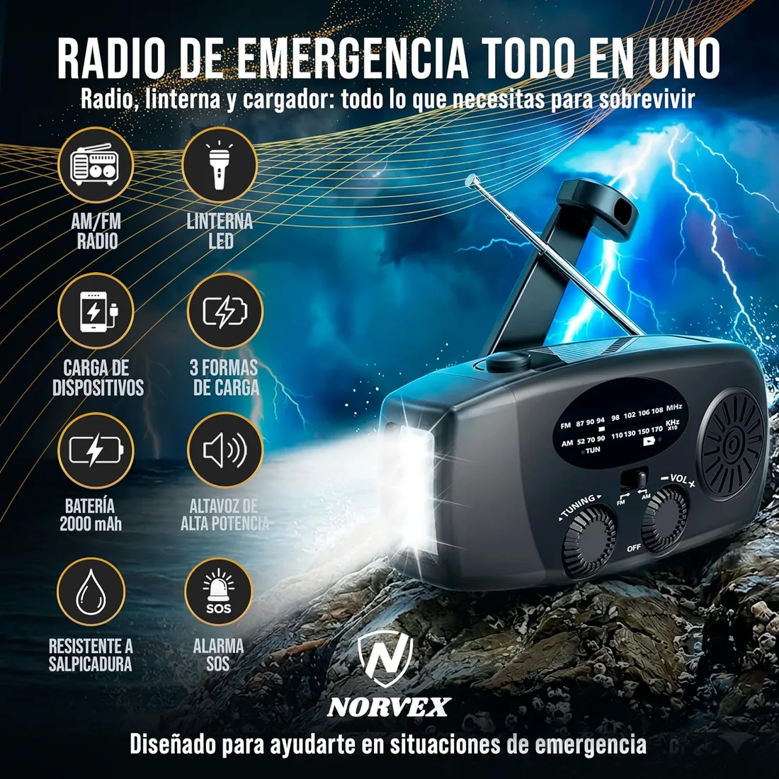 Radio Solar de Emergencia con Manivela - Radio FM/AM Portátil - Linterna LED SOS - Power Bank 2000mAh - Carga USB-C/Solar/Manual - Kit Supervivencia para Senderismo, Camping, Viajes y Apagones foto 2