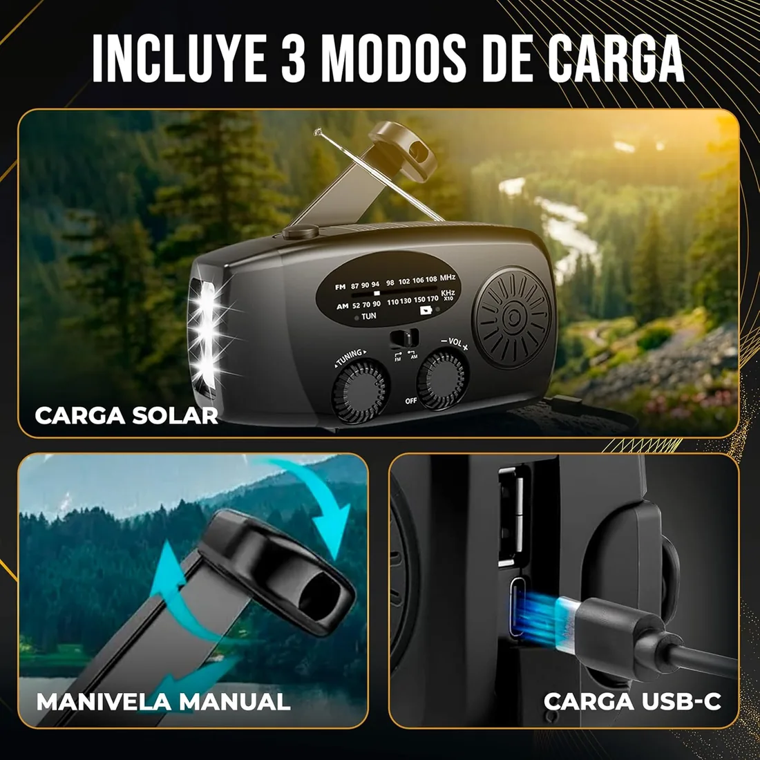 Radio Solar de Emergencia con Manivela - Radio FM/AM Portátil - Linterna LED SOS - Power Bank 2000mAh - Carga USB-C/Solar/Manual - Kit Supervivencia para Senderismo, Camping, Viajes y Apagones foto 3